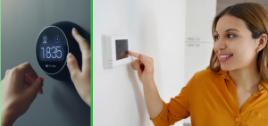 Technician installing smart thermostat in a modern home.